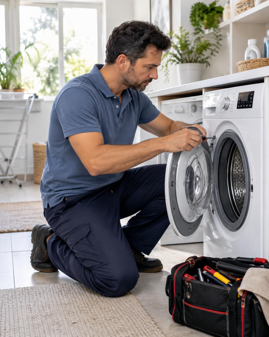Técnico especializado a reparar uma máquina de lavar roupa